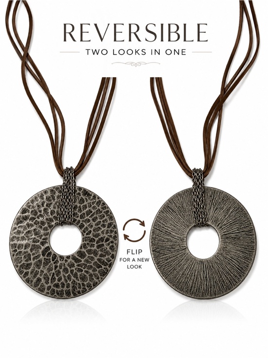 Source Unknown Jewelry - Reversible Textured Circle Pendant Necklace | Brown Multi-Strand Cord | Gunmetal